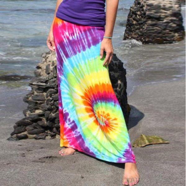 Saias moda mulheres mulheres boêmia saia de férias verão sexy tie-tintura impresso cintura alta festa de praia solta long size # g3