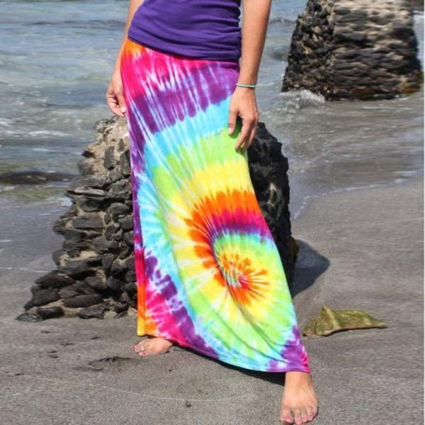 

skirts fashion women ladies bohemia holiday skirt summer tie-dye printed high waist loose beach party long plus size#g3, Black