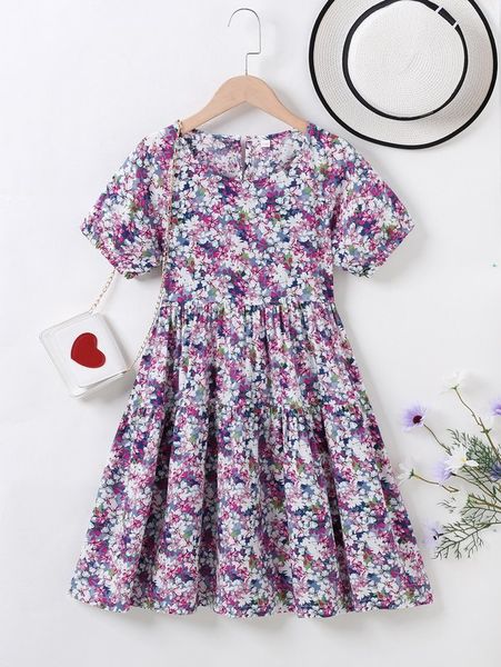 

girls allover floral print ruffle hem dress she, Red;yellow