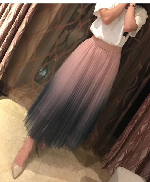 

skirts long tulle skirt women 2021 summer autumn gradient korean elegant high waist a-line pleated school midi female, Black