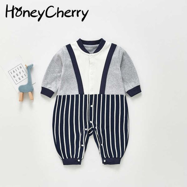 

spring boy baby romper fake two piece splicing sling jumpsuit striped casual climbing baby boy romper 210701, Blue