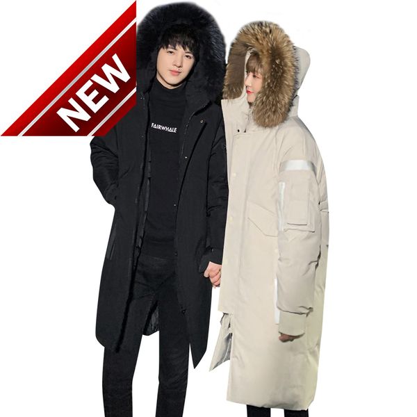 

mens 90% white duck down jacket new medium long thickened hooded casual men's coat large fur collar, Black