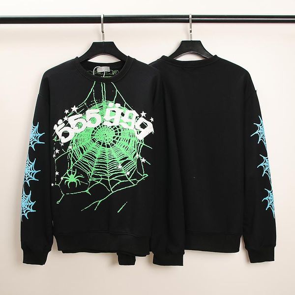 

men's hoodies & sweatshirts 2021fw sp5der 555 men women cobweb fluorescent green foaming printing pullover brand clothing hooded hoodie, Black