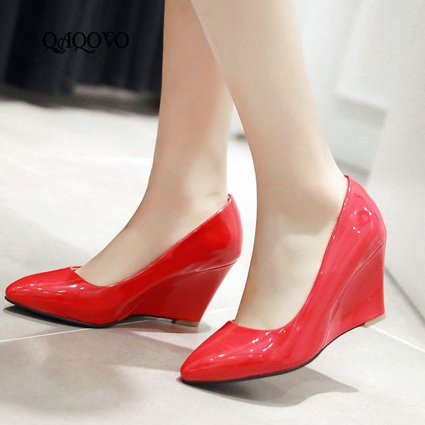 

dress shoes patent leather wedges pumps spring autumn female high heels slip on pointed toe party women twy9, Black