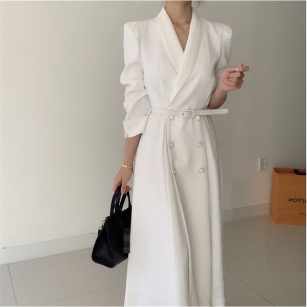 Frühling Elegante Windjacke Frauen Weiß Maxi Kleid Koreanische Kleidung Femme Robe Slim Anzug Kragen Zweireiher Mantel mit Gürtel 210825