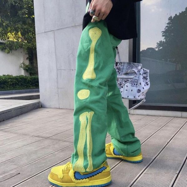 

men's jeans 2021 high street hip hop casual straight green color bone embroidered cargo pants fashion loose denim trousers w242, Blue