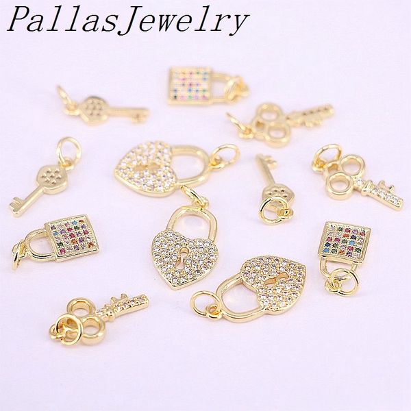 

20pcs fashion clear rainbow cz micro pave heart lock pendant accessories gold color charm for diy jewelry making, Bronze;silver