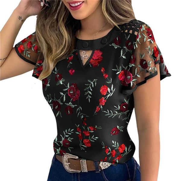 

women's blouses & shirts women ruffle sleeve pullover dot polk embroidery floral print blouse ol casual chiffon jumper tee, White
