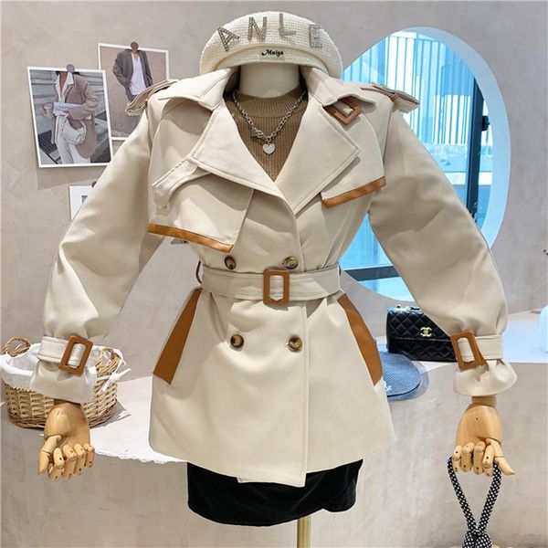 

women's trench coats niche design clothing 2021 autumn winter double breasted windbreaker fashion slimming temperament coat jacket, Tan;black