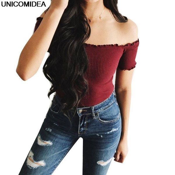 

women's t-shirt 2021 off shoulder t shirt women slash neck soild short sleeve slim summer casual tees, White