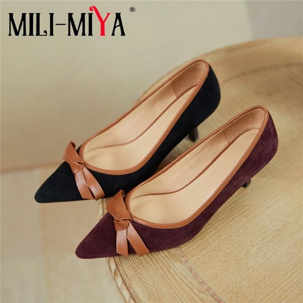 

dress shoes mili-miya fashion butterfly knot women kid suede pumps pointed toe thin heels slip on plus size 34-43 party for lady, Black