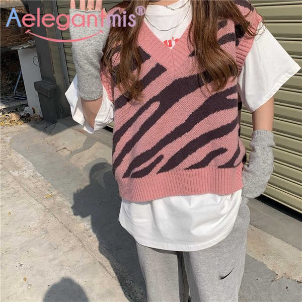 

aelegantmis vintage zebra pink sweater vest women colorful knitted leopard casual plaid sleeveless jumpers female kawaii 210607, Black;white