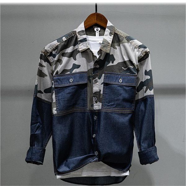 

men's casual shirts 854 men's classic vintage military style camouflage print color contrast patchwork double pocket long sleeve wa, White;black