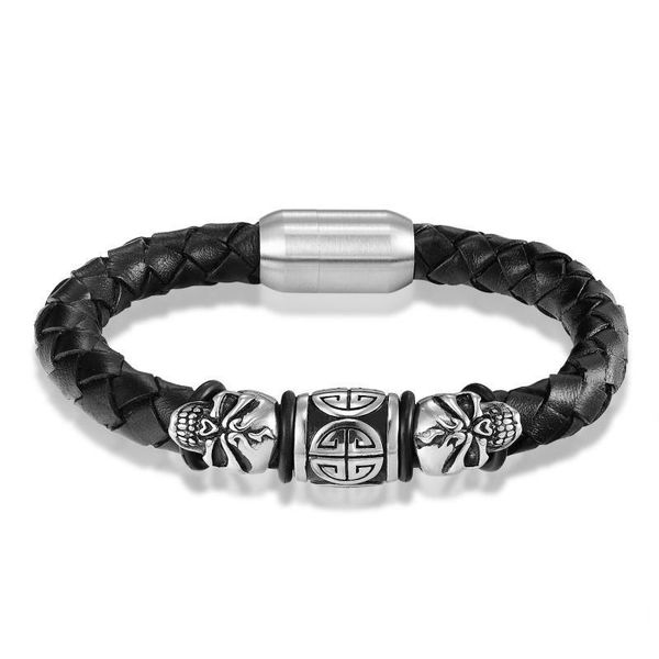 

bangle retro gothic skull leather braided metal magnetic clasp bracelet men's trendy punk rock motorcycle jewelry, Black