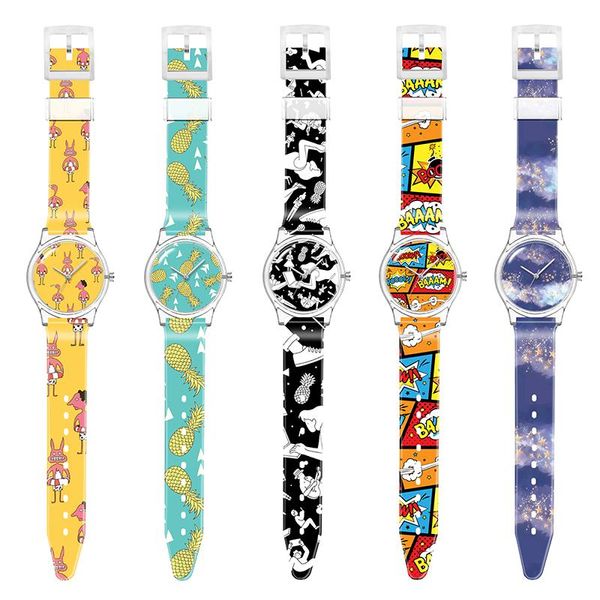 

wristwatches fb7100 customize logo watch face printed oem plastic custom design own character customized dial and strap clock, Slivery;brown