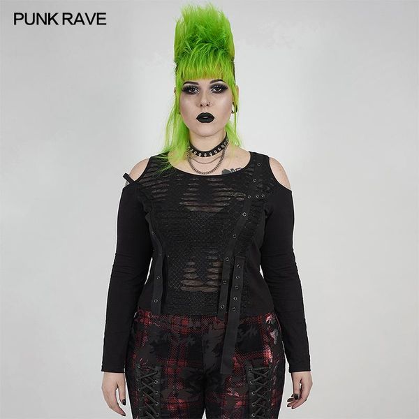 

plus size t-shirt punk rave women's perspective off-shoulder cracked gothic casual print long sleeve black