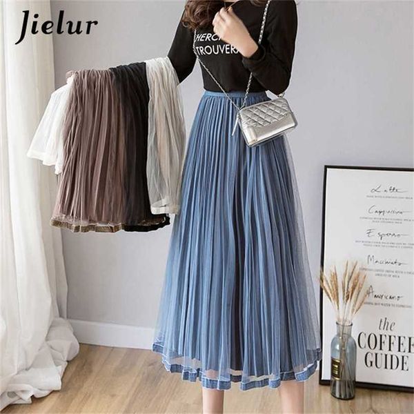 

jielur mesh skirt autumn winter velvet solid color elastic waist slim pleated s chic high women 211119, Black