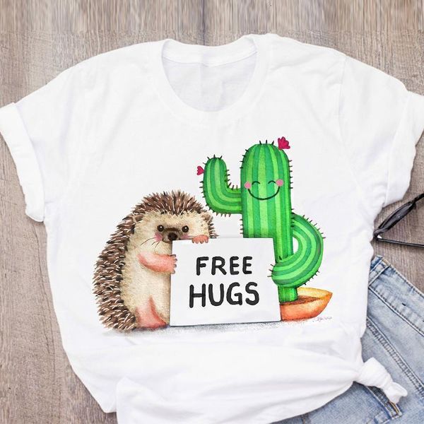 

women graphic cactus fashion hug cartoon short sleeve summer lady t-shirt shirt womens clothing tees female t shirt, White