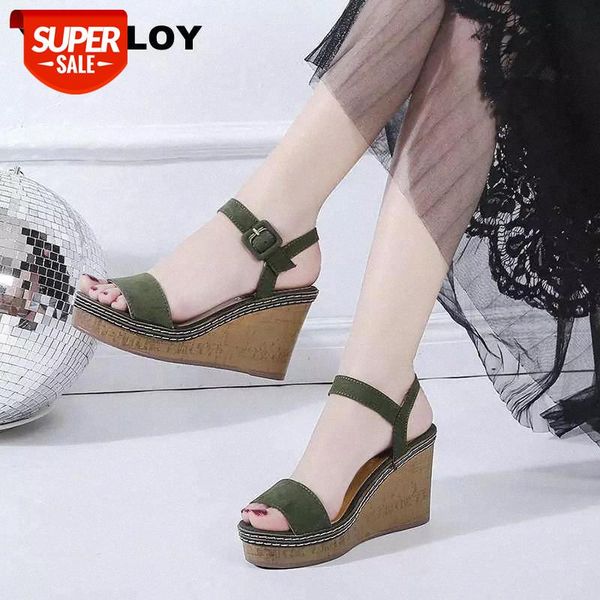 

2019 women summer platform sandals female fish mouth high heels wedge shoes lady buckle slope 9cm sandalias mujer wedges #095p, Black