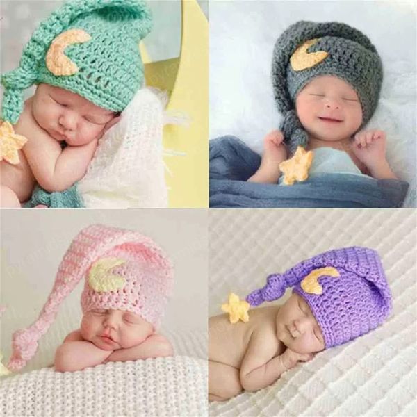 Recém-nascido 0-3 meses Baby Knit Fotografia Longo Cauda Chapéu Criança Menina Photo Pessoa Pessoas Crochet Chaps de Traje de Malha com Star Moon Decor Cute Ins Headwear Caps