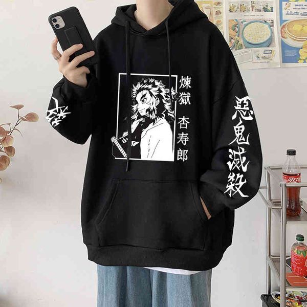 

demon slayer anime harajuku women rengoku kyoujurou hoodie athetic cloth kimetsu no yaiba mugen train sweatshirt, Black