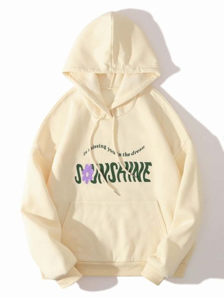 

drawstring detail floral & slogan graphic hoodie z0d8#, White;black