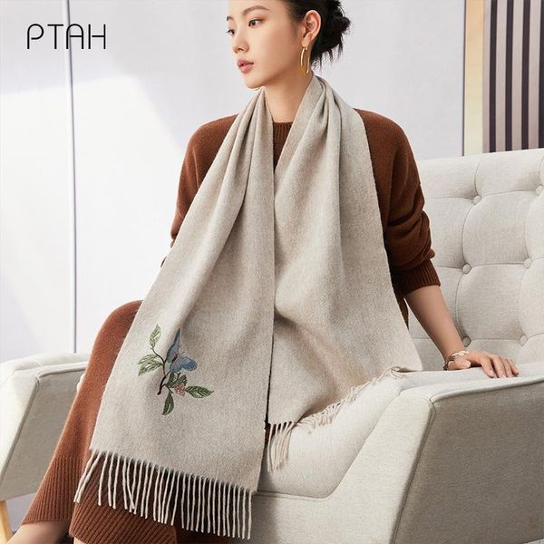 

scarves [ptah] 100% wool women thicker cashmere shawl wrap winter warmer comfort temperament embroidery ladies 180*30cm, Blue;gray