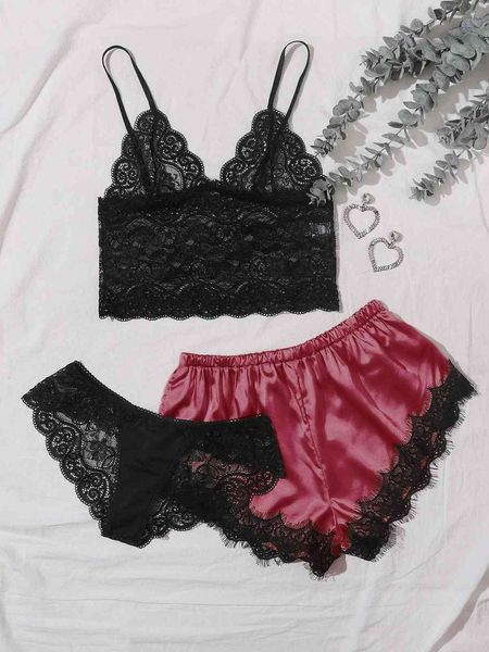 

underwear home nightdrs lace suspender pajamas three piece set 1524, Red;black
