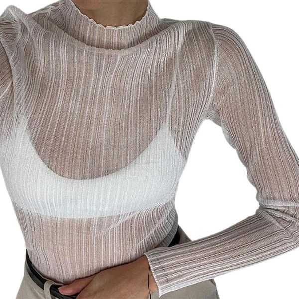 

women's blouses & shirts women see-through mesh pullover t-shirts white solid color turtleneck long sleeve blouse for ladies
