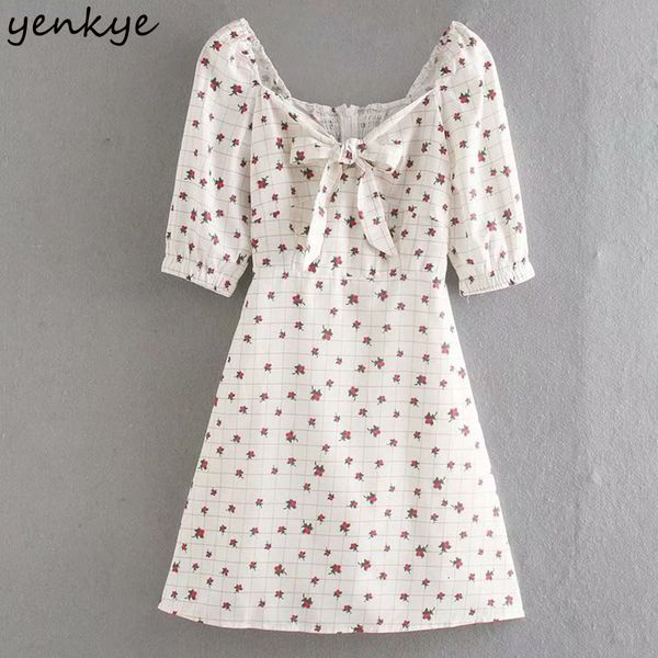 

new sweet summer 2021 women front bow tie v neck half sleeve plaid floral print female a-line mini vestido f83j, Black;gray