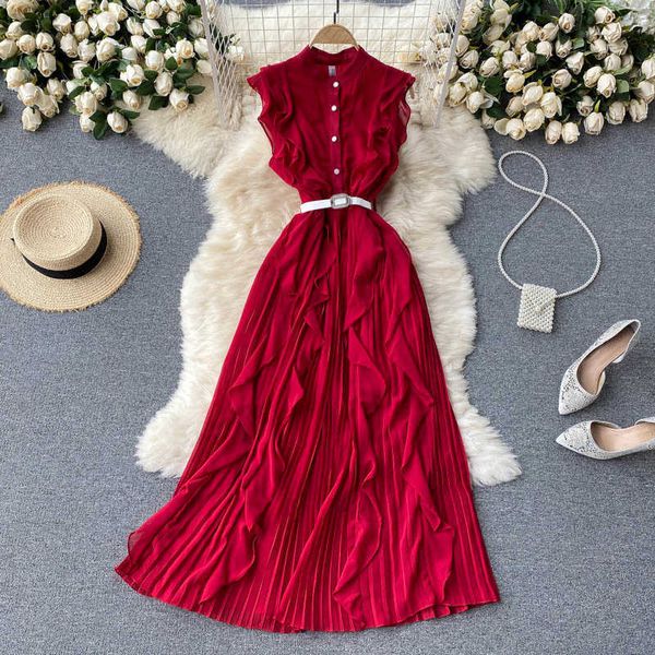 Sommer Strand Frauen Chiffon Gefaltete Lange Kleid Vintage Urlaub Lila/Rot Rüschen Einreiher Drapierte Vestidos Mit Schärpen Neue y0603
