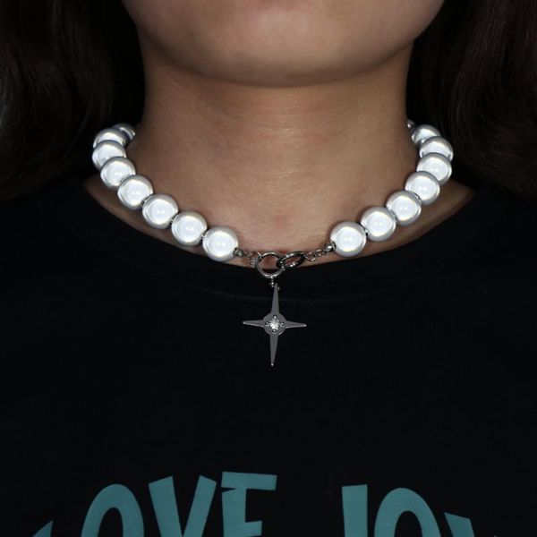 

chains 2021 korea unique design luminous beads pearl stitching necklace choker cross pendant clavicle chain fashion sweet party jewelry, Silver