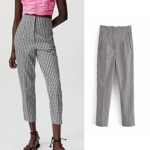 

women's pants & capris women's plaid za women 2022 high waist office casual pencil woman trousers autumn fashion streetwear loose, Black;white