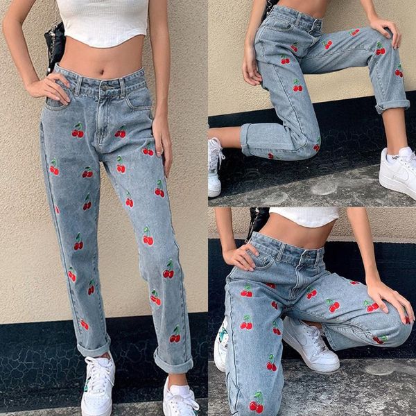 

women's fashion cherry embroidery high waist slimming pencil jeans blue