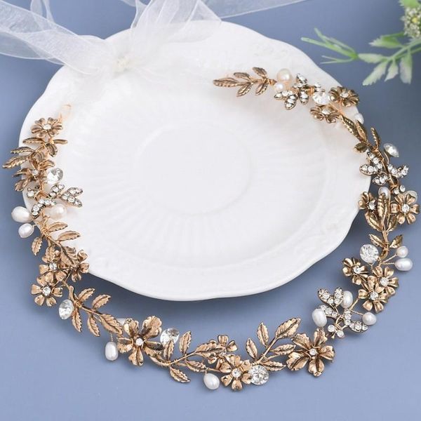 

hair clips & barrettes antique gold leaf bridal tiara headband floral wedding crown accessories pearls jewelry women prom headpiece, Golden;silver