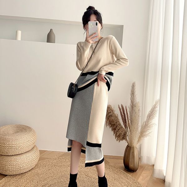 

suit skirt women's autumn and winter 2021 color matching knitted sweater irregular two-piece set, Black;gray