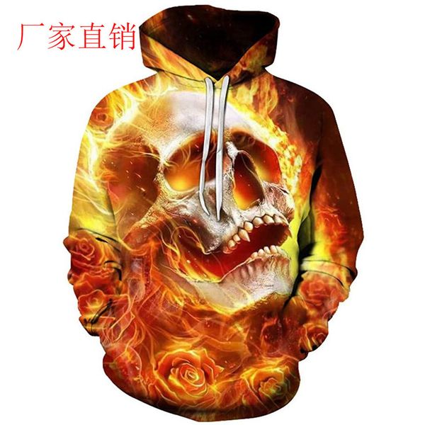 

autumn and winter new fashion hoodie flame skull print men's sweater, Black