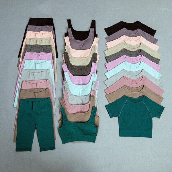 

yoga outfit 3pcs seamless set women's tracksuit fitness sport bra short sleeve crop high waist shorts running gym sportswear