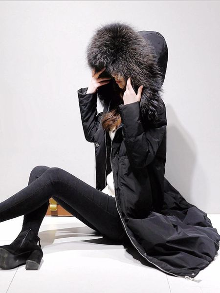 

women's winter down jacket 2021 mid-length big fur collar warm coat female jacket clothing large size s-6xl, Black