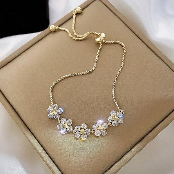 

charm bracelets origin summer korean bling cubic zircon flower for women femme gold color adjustable metallic jewelry, Golden;silver