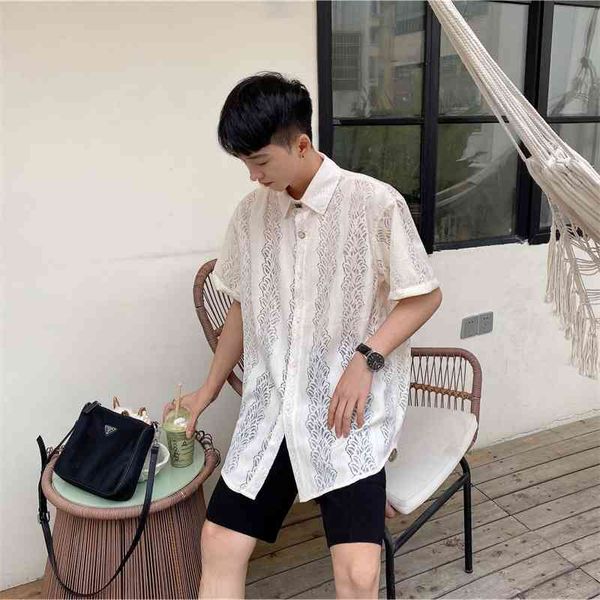 

dafu hollow out light luxury shirt short sleeve men's ins lace loose breathable half sleeve shirt korean casual top, White;black