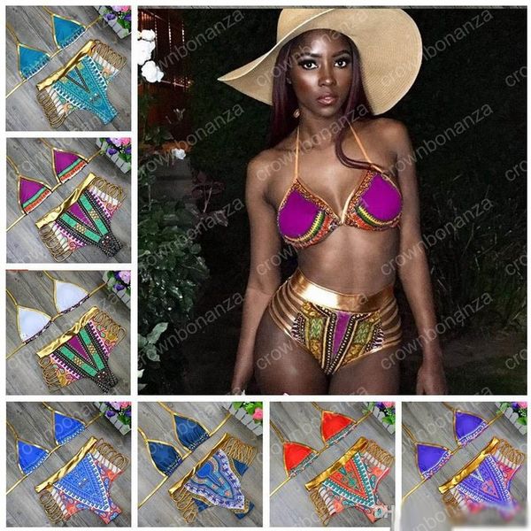 

new african print two-pieces bath suits bikini set geometric swimwear swimsuit gold high waist swimming suit