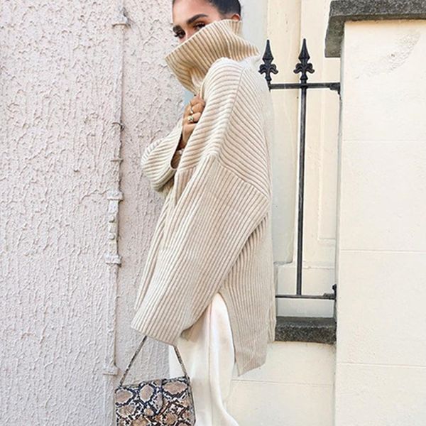 

New 2021 Women Loose Batwing Turtleneck Knitted Sweater Female Overcoats Casual Harajuku Long Pullovers Winter Jumper Tops 2HD3, White;black