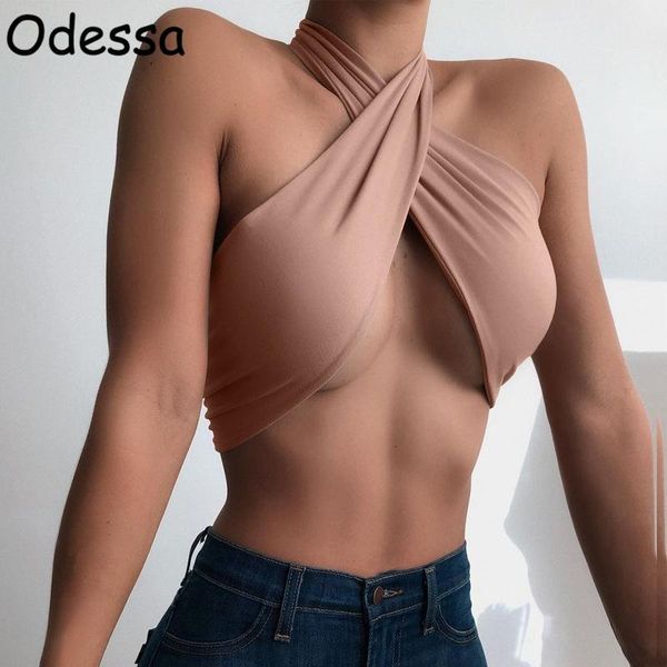

women's tanks & camis odessa elegant bandage cross crop women party beach ladies hollow out halter tank female spring summer 2021, White