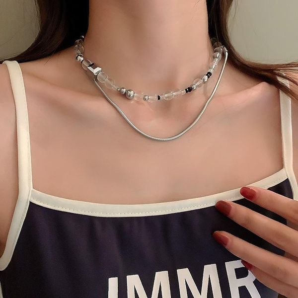 

chains 2021 retro asymmetrical transparent beaded crystal necklace for women ins hip-hop long chain jewelry accessories, Silver