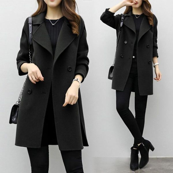 

women's wool & blends autumn winter jacket womens coats solid color lapel casual outwear cardigan slim coat overcoat trench casaco, Black