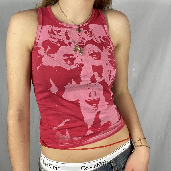 

women's tanks & camis t-shirts for girls summer crop round neck print multi-color slim casual strap type short stitching vest women y2k, White