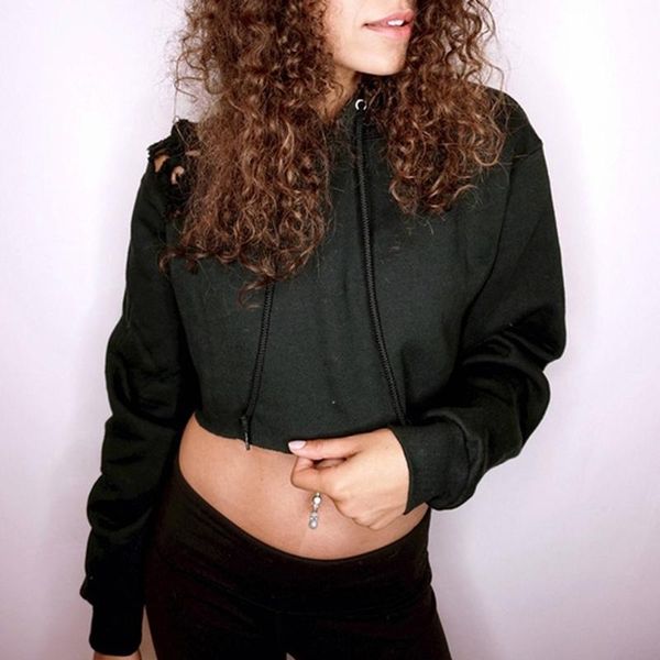 

women's hoodies & sweatshirts autumn ladies hoodie sweatshirt casual solid color long sleeve fashion hole short pullover for women, Black