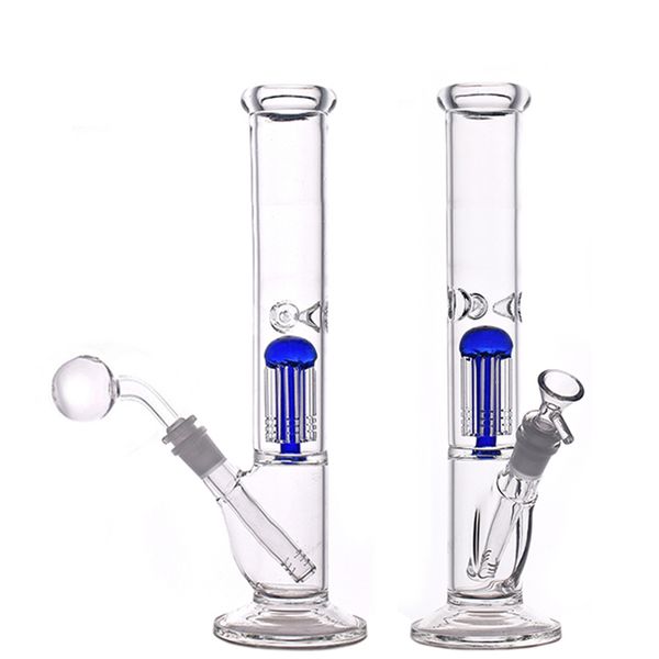 Cam Bong Su Borusu Nargile 11.5 inç Tall Düz Beher Bongs 8 Kol Ağaçları Perc Dab Fice Downstem ile 14mm Derece Erkek Yağ Burner Borular