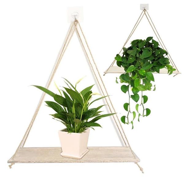 

wooden swing hanging rack with rope wall mounted floating shelves plant flower pot rack for indoor outdoor decoration